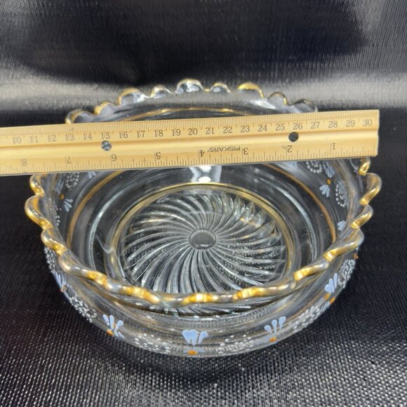 Antique Enameled Paint Large Glass Bowl Dish Gold Painted Edge Manganese 365nm - Picture 10 of 16